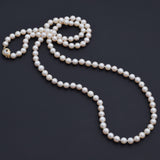 Vintage 14K Yellow Gold 7-7.5 mm Pearl & Diamond Beaded Strand Necklace 36"