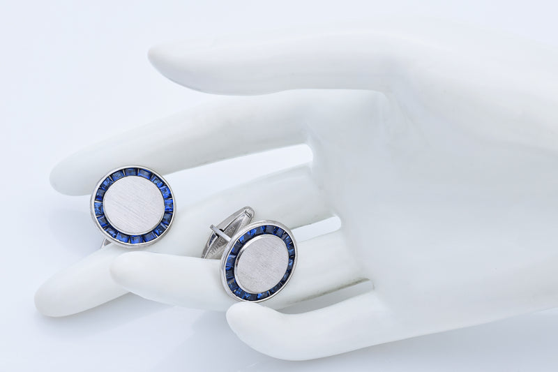 Vintage Lucien Piccard Palladium Sapphire Round Cufflinks 21 mm