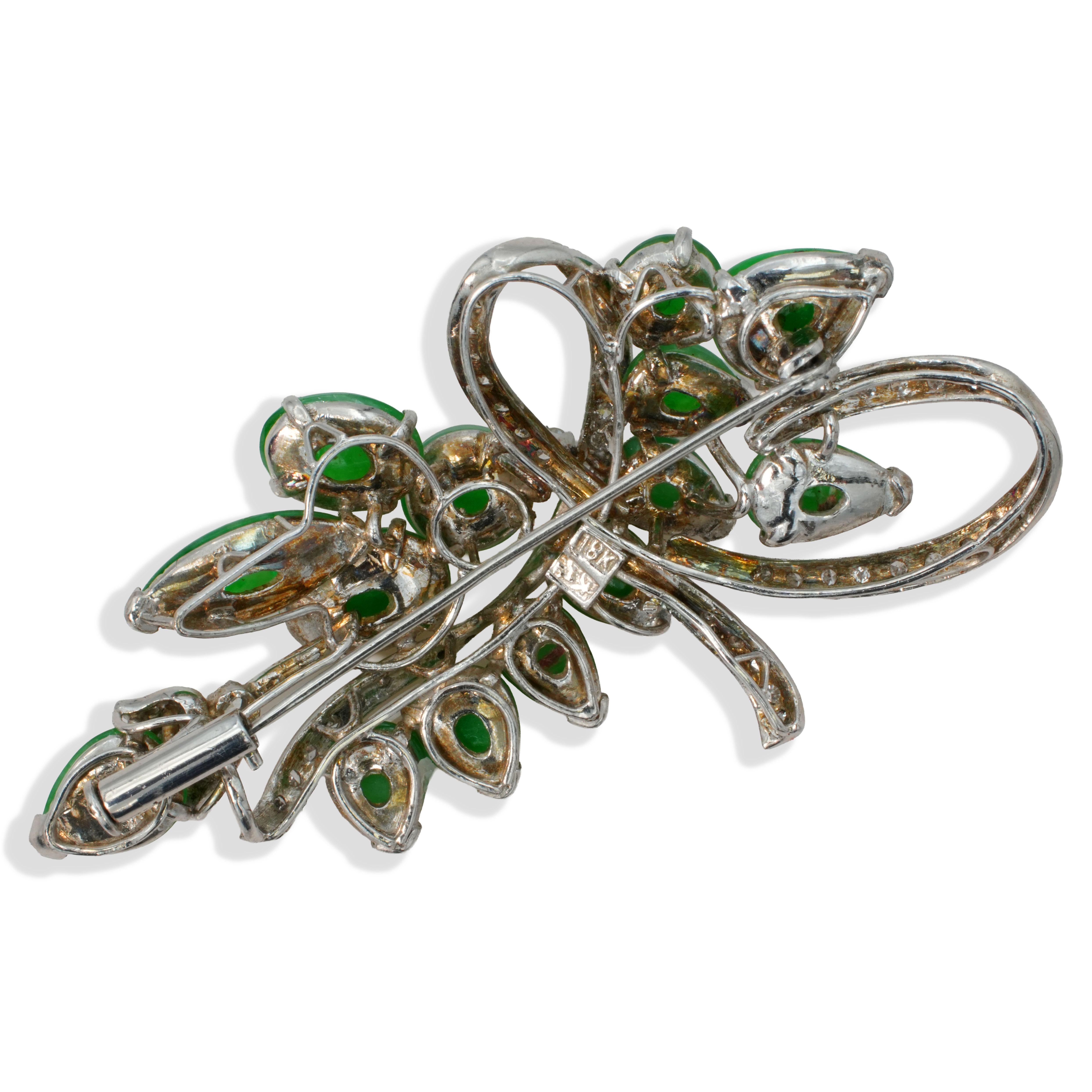 Vintage Precious Metal Alloy Jade & Diamond Brooch & Earrings Set