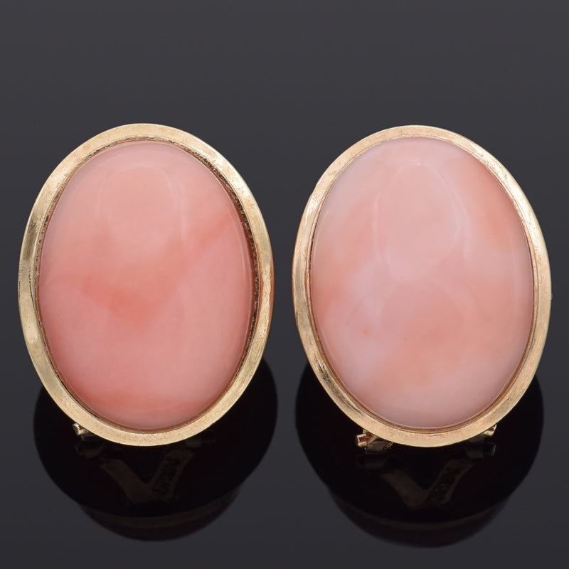 Vintage 14K Yellow Gold Angel Skin Coral Oval Cabochon Omega-Back Earrings