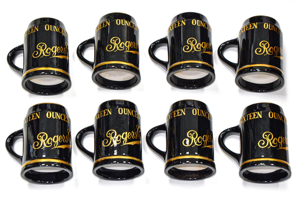 Lot of 8 Vintage Rogers Corner NYC 16 Oz Black & Gold Ceramic Beer Mugs