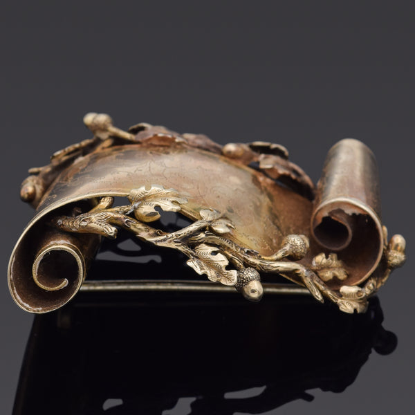 Antique Victorian 13K Yellow Gold Scroll Leaf Brooch Pin