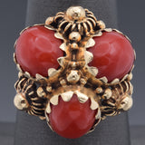 Vintage 14K Yellow Gold Red Coral Cluster Cocktail Ring Size 6.5