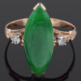 Vintage 18K Yellow Gold Green Jade & Diamond Marquise Cocktail Ring Size 5