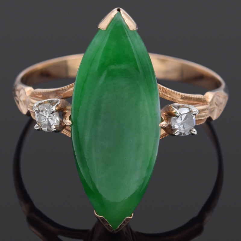 Vintage 18K Yellow Gold Green Jade & Diamond Marquise Cocktail Ring Size 5