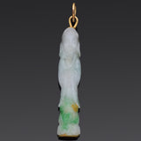 Vintage 14K Yellow Gold Translucent Green Jade Carved Kwan Yin Pendant