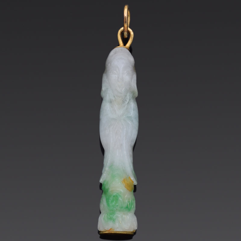 Vintage 14K Yellow Gold Translucent Green Jade Carved Kwan Yin Pendant
