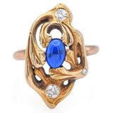 Antique 14K Yellow Gold Blue Spinel & Old Euro Diamond Ring Size 9.5