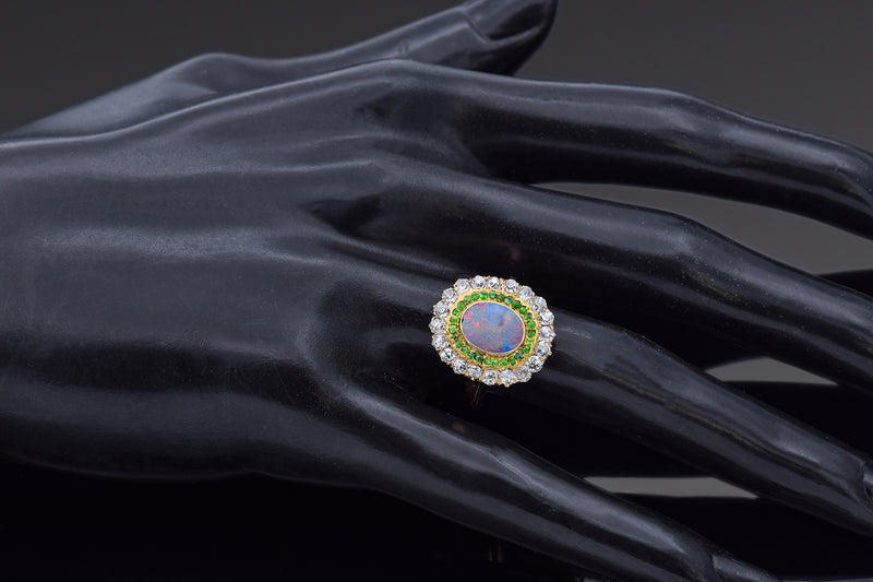 Antique 14K Yellow Gold Opal, Tsavorite Garnet & 0.82 TCW Diamond Ring Size 6.25