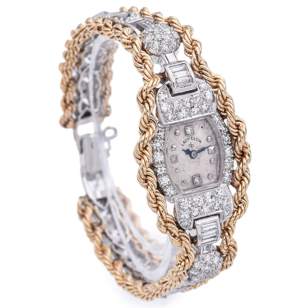 Vintage Lady Elgin Platinum & 14K Gold 1.68 TCW Diamond Hand Wind Women's Watch