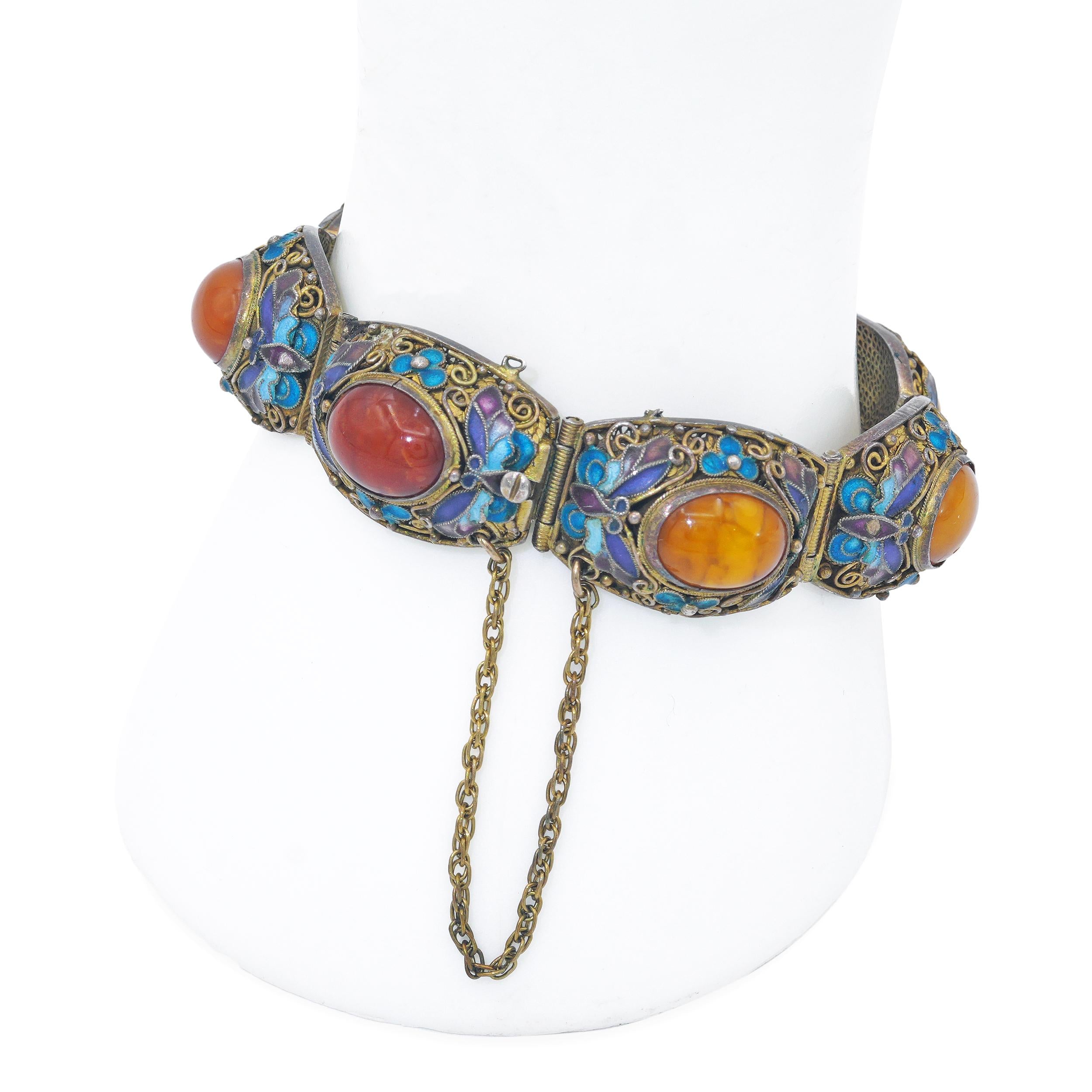 Chinese Export Silver Gilt Filigree Enamel Amber Bracelet