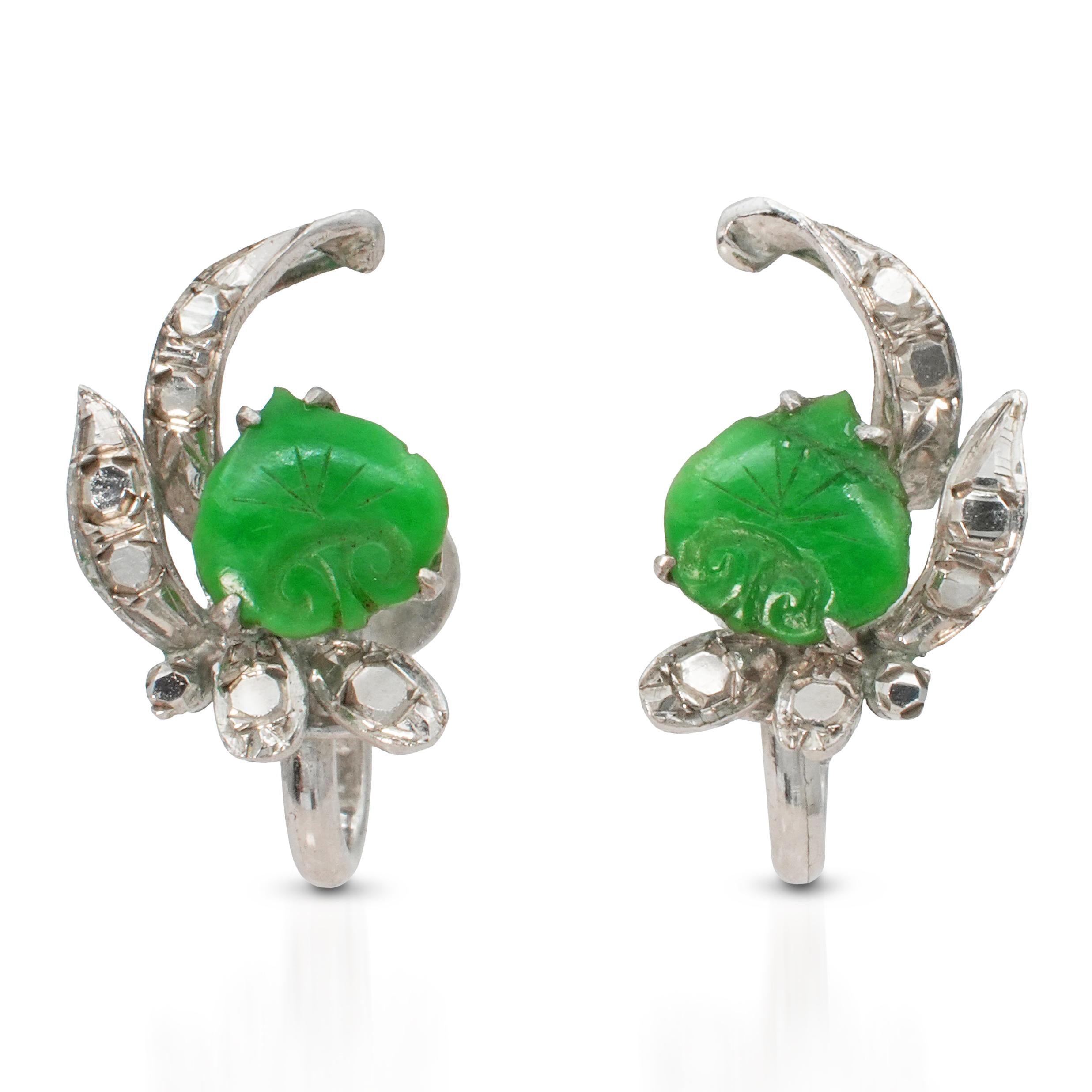 Vintage Precious Metal Alloy Jade & Diamond Brooch & Earrings Set