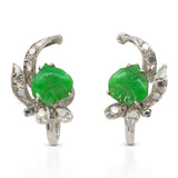 Vintage Precious Metal Alloy Jade & Diamond Brooch & Earrings Set