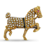 Antique Edwardian 14k Yellow Gold Pearl and Ruby Equestrian Horse Brooch
