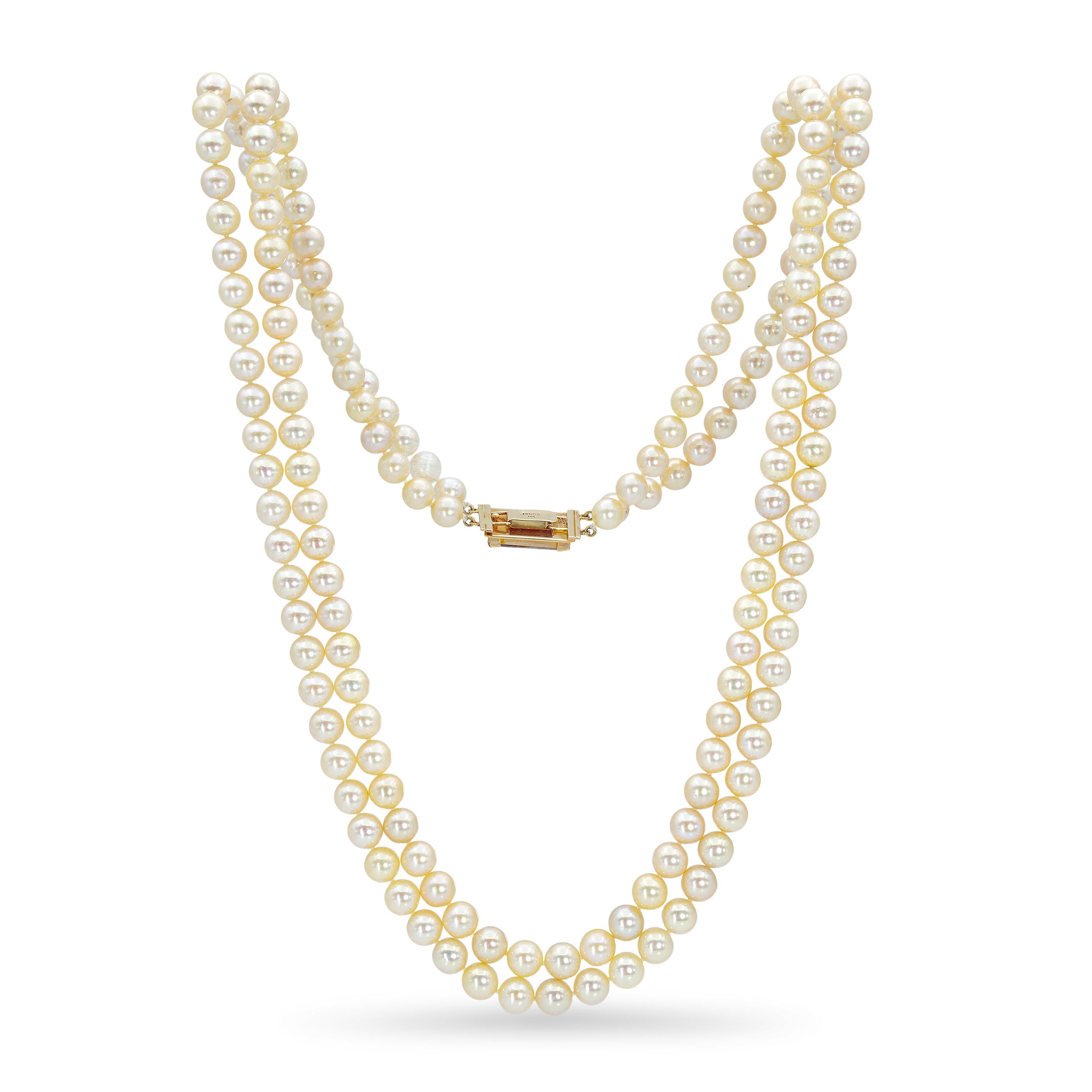Vintage Ming 14k Yellow Gold Pearl & Orange Jade Double Strand Necklace