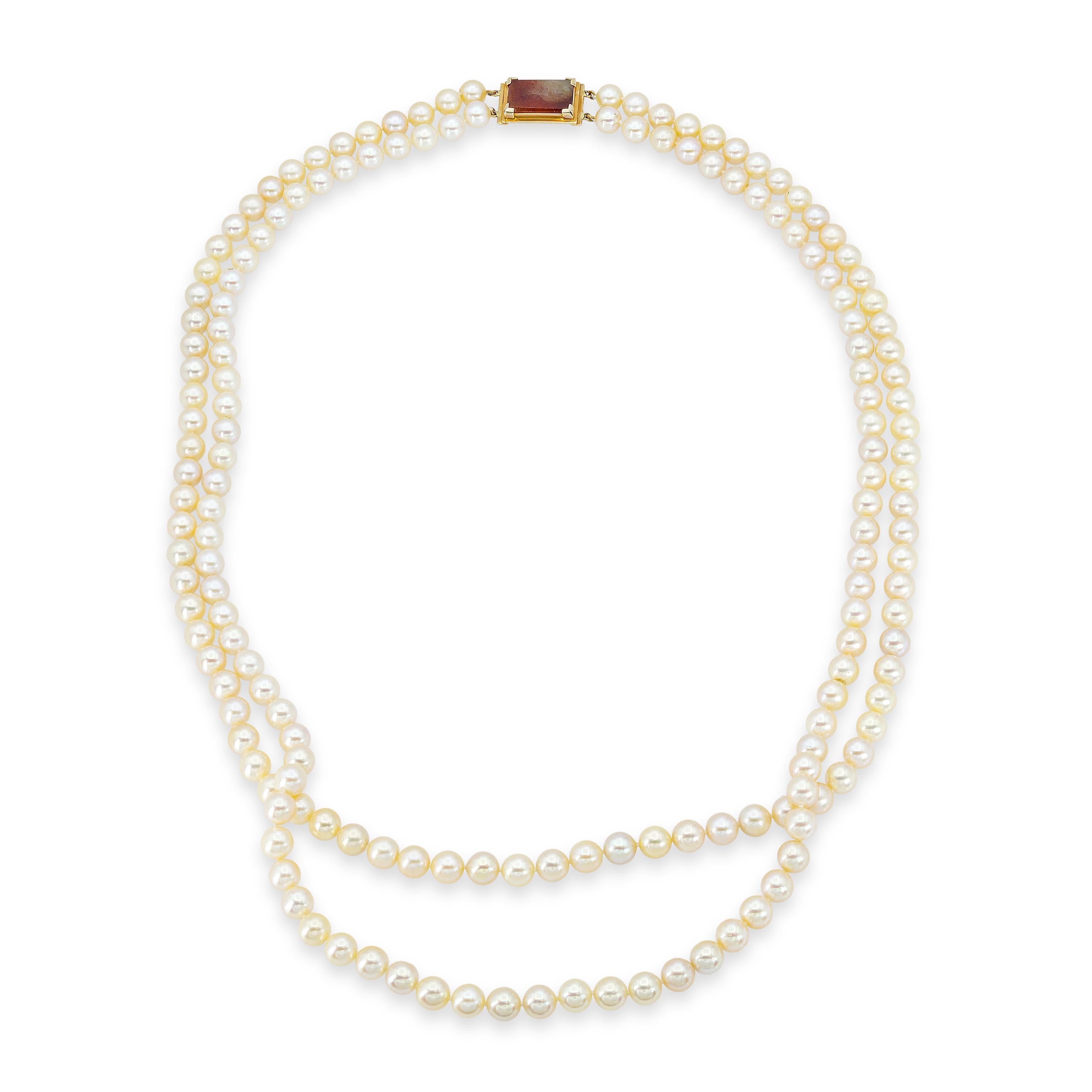 Vintage Ming 14k Yellow Gold Pearl & Orange Jade Double Strand Necklace
