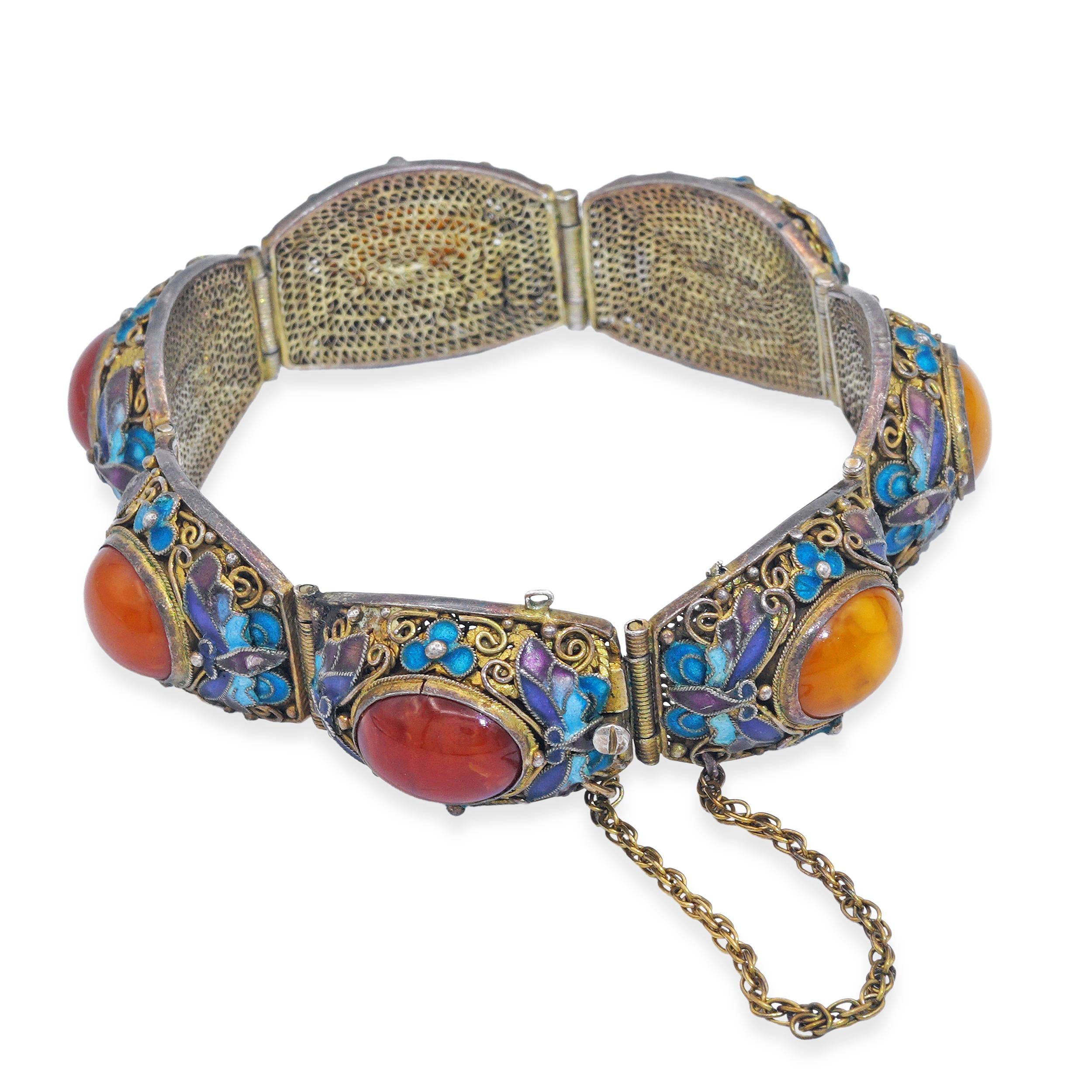 Chinese Export Silver Gilt Filigree Enamel Amber Bracelet
