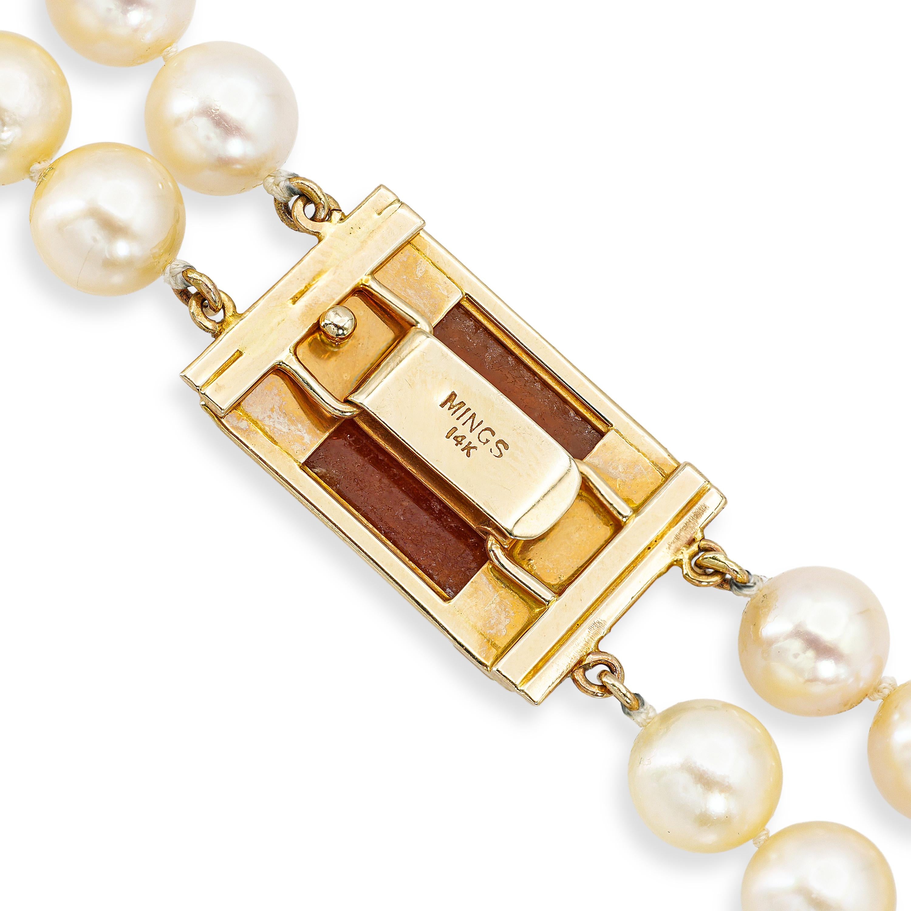Vintage Ming 14k Yellow Gold Pearl & Orange Jade Double Strand Necklace