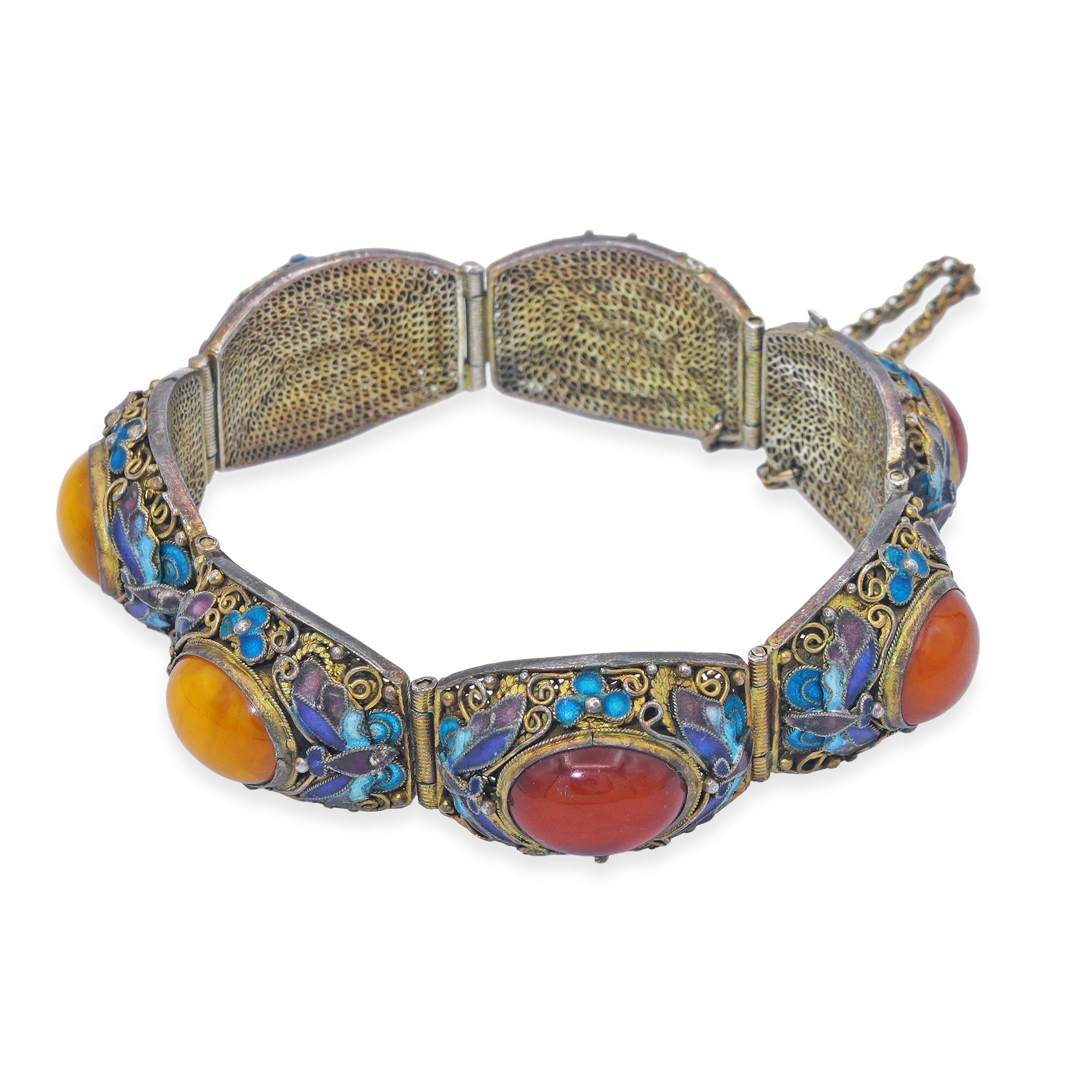 Chinese Export Silver Gilt Filigree Enamel Amber Bracelet