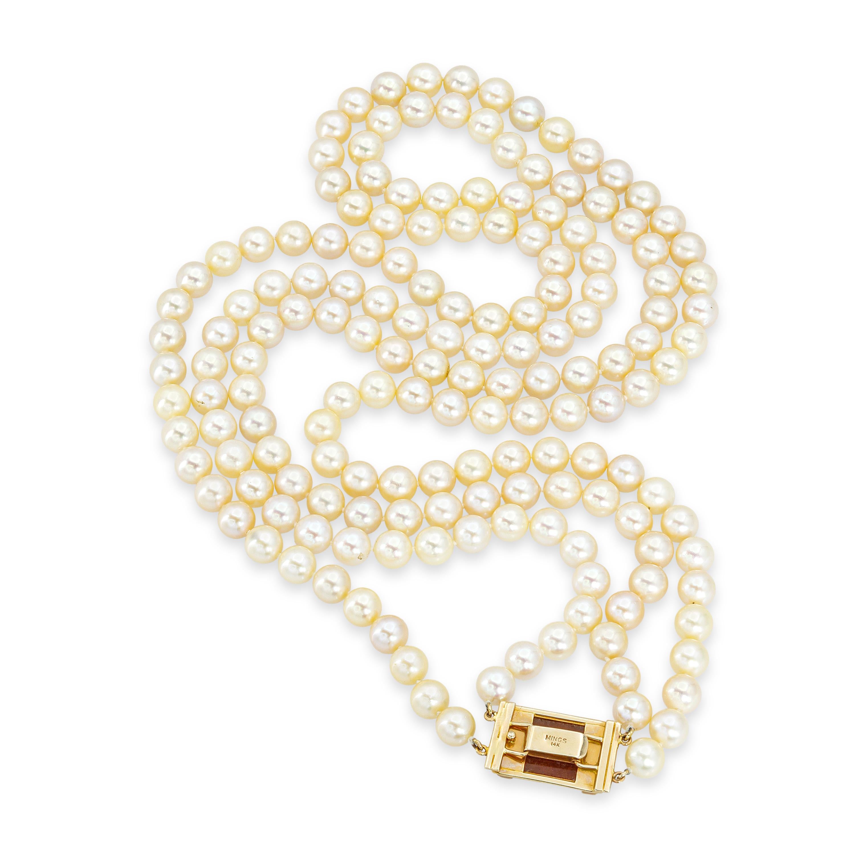 Vintage Ming 14k Yellow Gold Pearl & Orange Jade Double Strand Necklace