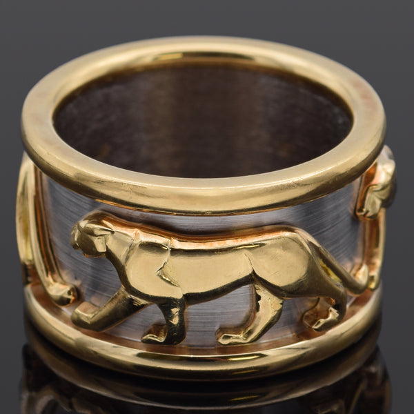 Cartier 18K Yellow & White Gold Walking Panthere Band Ring Size 52