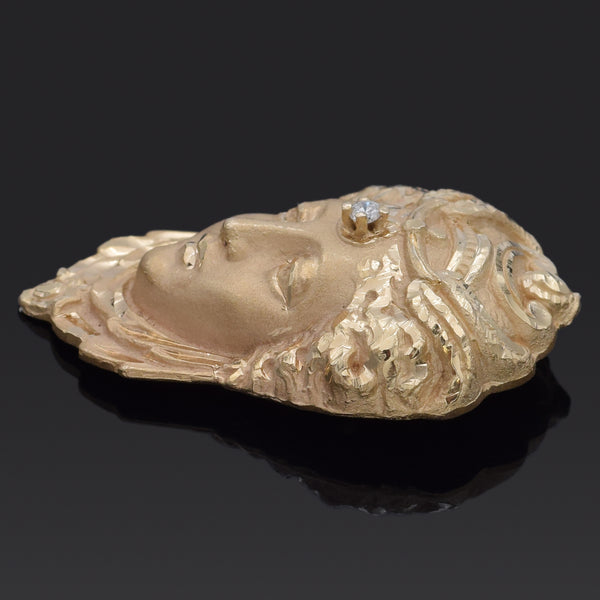 Vintage Diamond 14K Yellow Gold Lady Maiden's Face Pendant