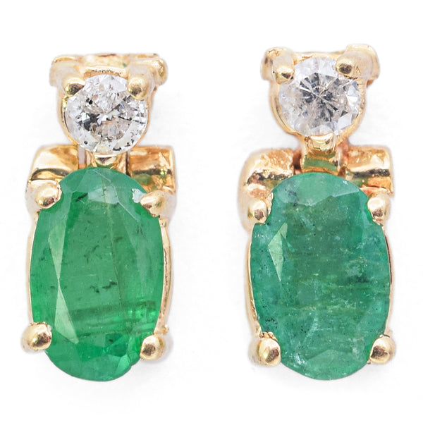 Vintage 14K Yellow Gold Emerald & Diamond Stud Earrings