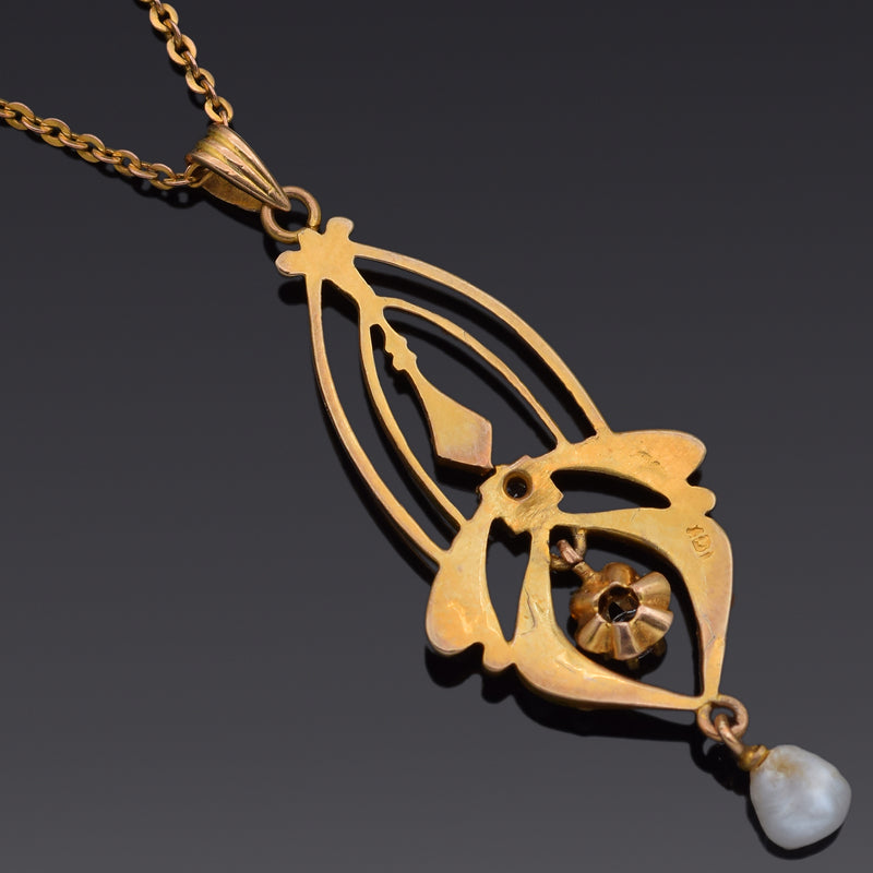 Antique 10K Yellow Gold Pearl, Zircon & Diamond Pendant Necklace + Box
