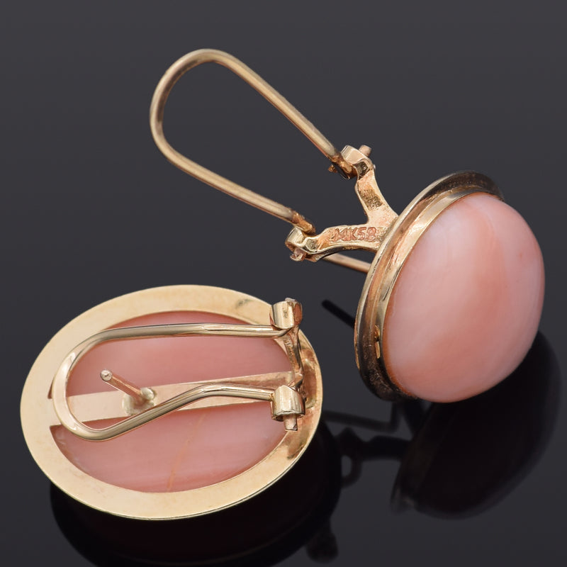 Vintage 14K Yellow Gold Angel Skin Coral Oval Cabochon Omega-Back Earrings