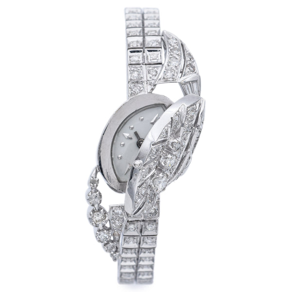 Antique 17J 14K White Gold 2.69TCW Diamond Women's Hand Wind Bracelet Watch