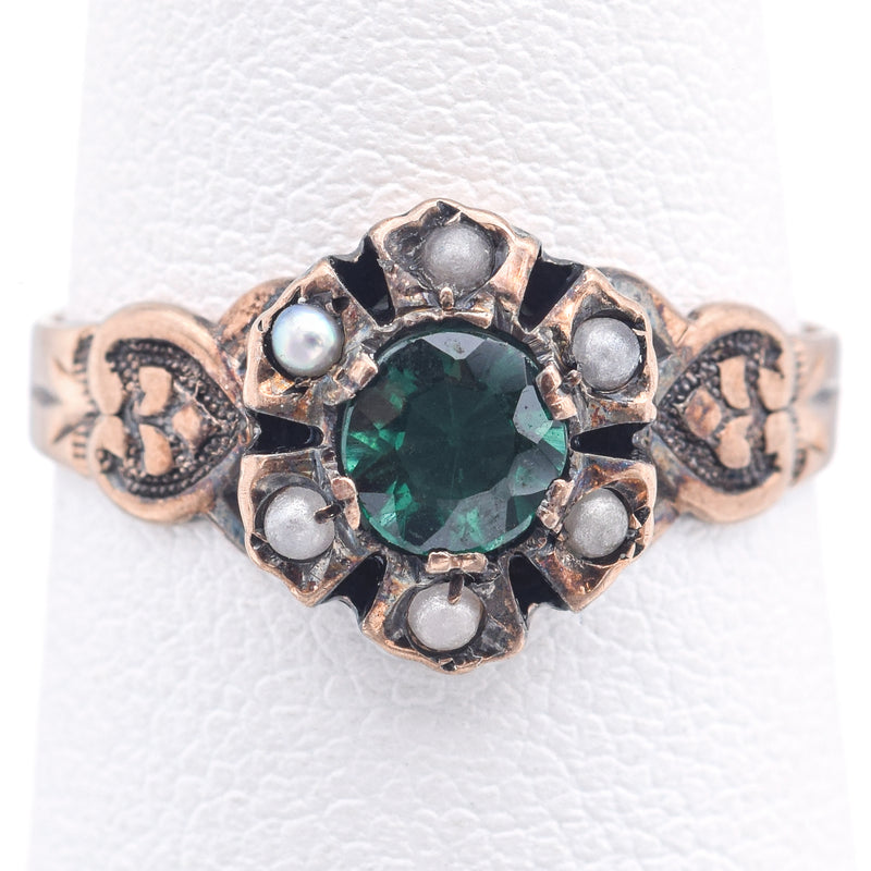 Antique 10K Yellow Gold Lab Emerald & Pearl Band Ring Size 6.5