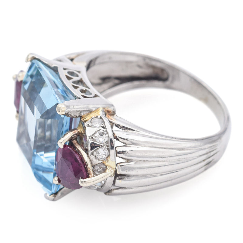 Vintage 18K White Gold 10.29 Ct Aquamarine, 1.40 TCW Ruby, 0.35 TCW Diamond Ring