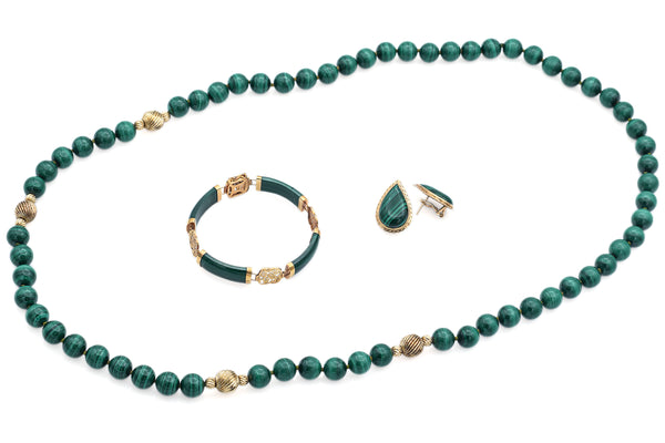 Vintage Malachite 8K Gold Necklace, Earrings & 14K Gold Bracelet Set