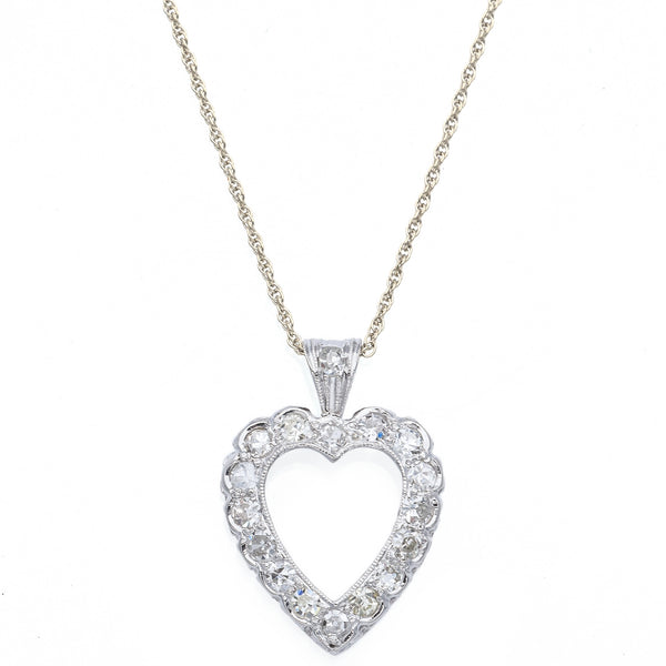Vintage 14K White Gold 0.51 TCW Diamond Open Heart Pendant Necklace