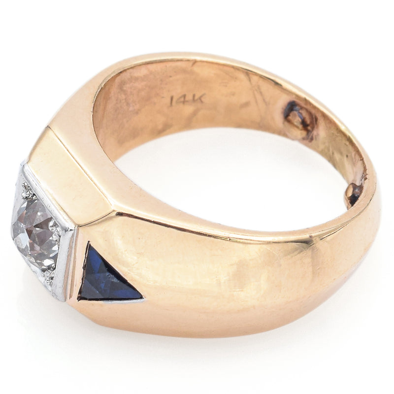 Vintage 14K Yellow Gold Sapphire & 0.65 Ct Old Euro Diamond Ring Size 6.5