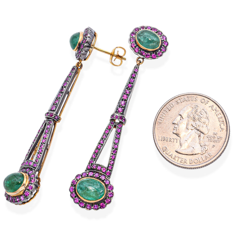Estate 18K Gold & Sterling Silver Himalayan Pink Sapphire Emerald Drop Earrings
