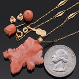 Carved Salmon Coral 14K Gold Earrings & GF Pendant + UnoAErre 18K Chain Necklace