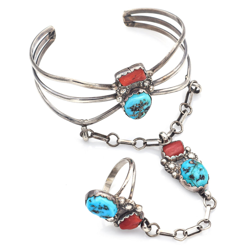 Vintage Sterling Silver Turquoise & Red Coral Southwestern Ring Slave Bracelet