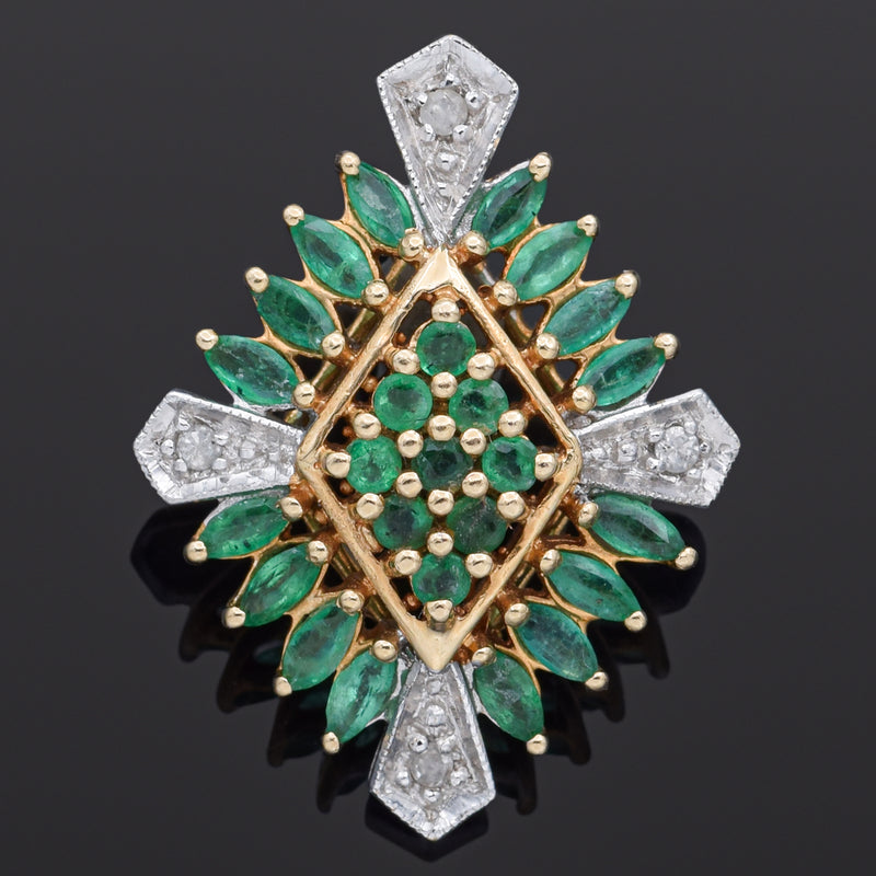 Vintage 14K Yellow Gold Emerald & Diamond Pendant 24 x 18 mm