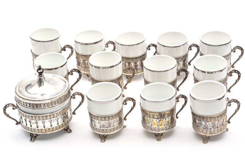 Vintage Richard Ginori Demitasse 800 Silver 12 Cups & Sugar Bowl Set
