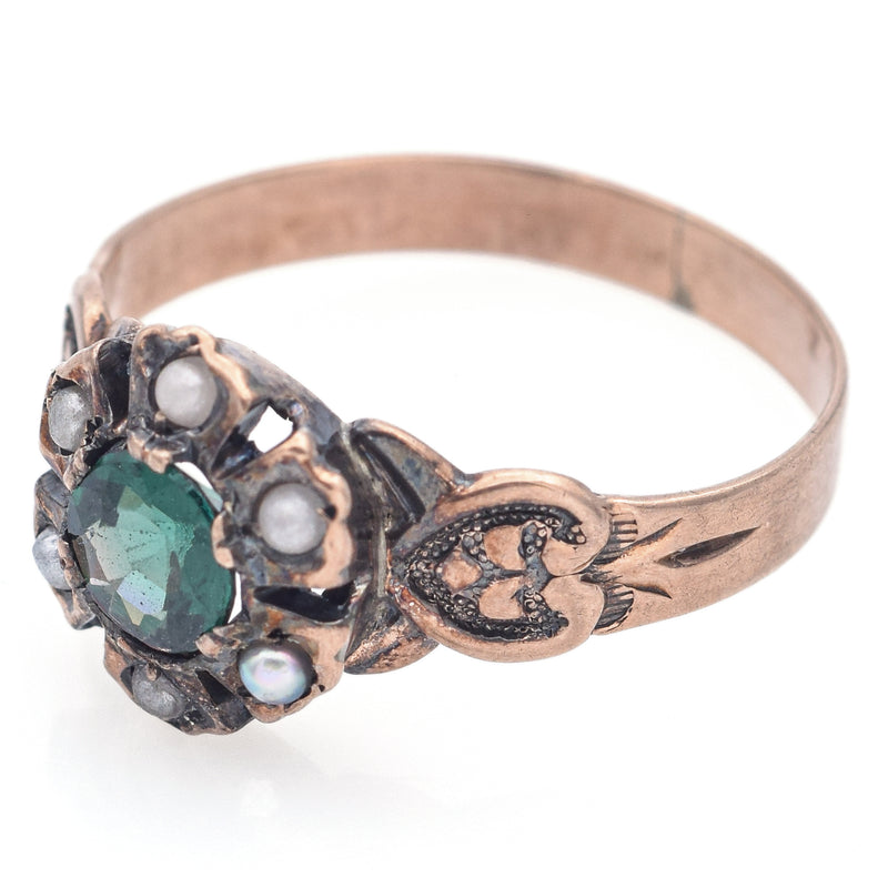 Antique 10K Yellow Gold Lab Emerald & Pearl Band Ring Size 6.5