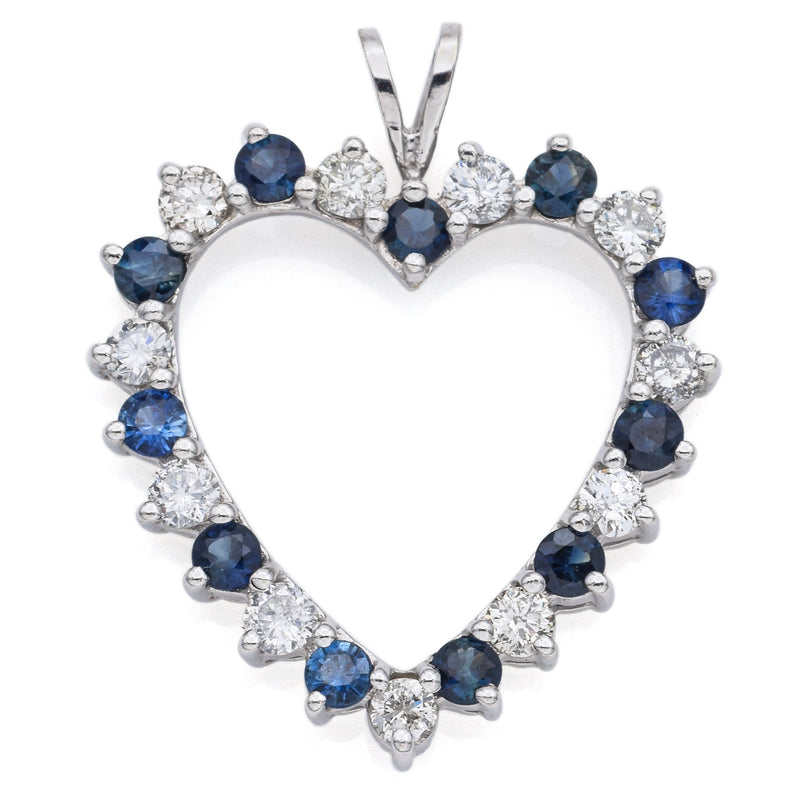 Vintage 14K White Gold Sapphire & 0.85 TCW Diamond Open Heart Pendant