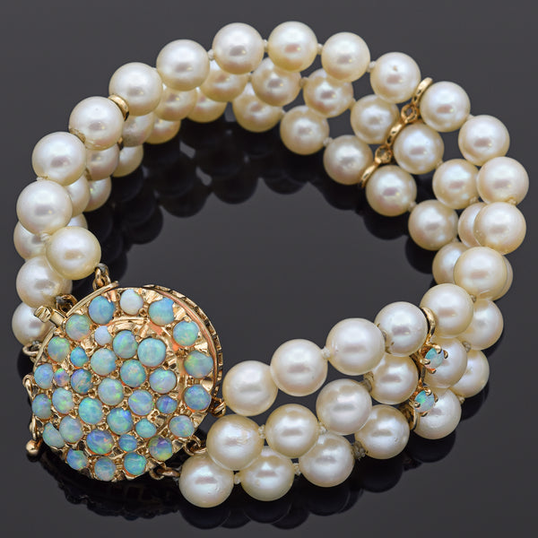 Vintage Pearl & Opal 14K Yellow Gold Multi-Strand Bracelet 5.5 Inches