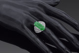 Estate 18K White Gold Green Jade & Diamond Band Ring Size 8