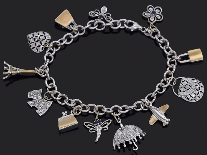 Vintage Michael Anthony 14K White Gold Sapphire & Diamond 12 Charms Bracelet