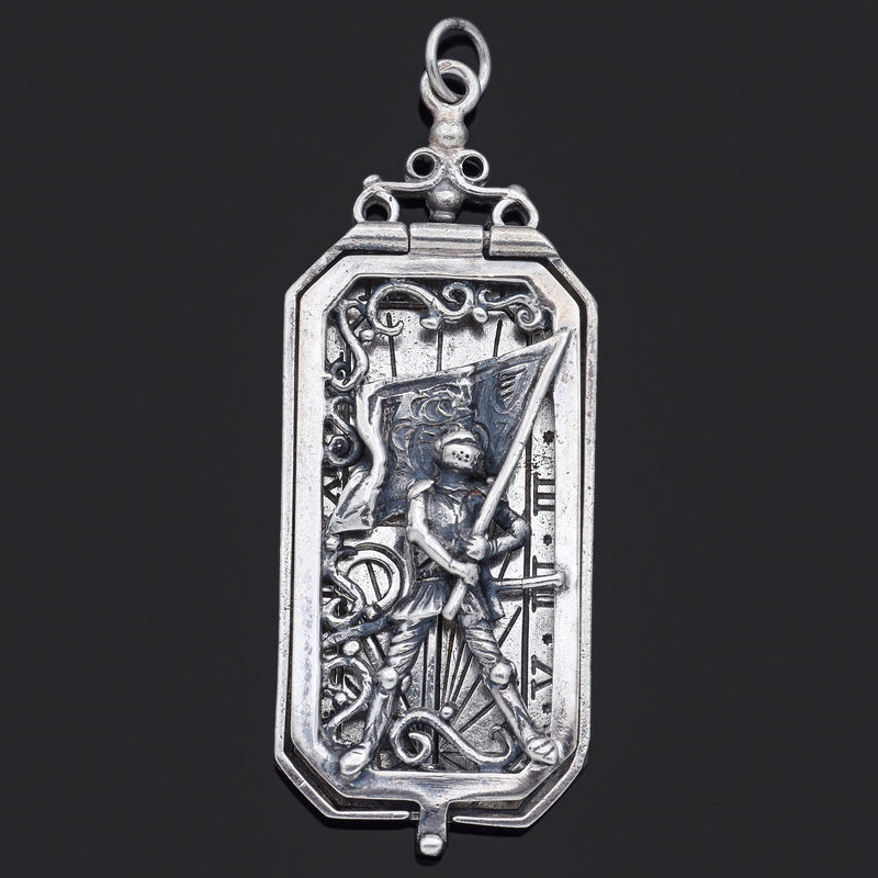 Antique Sterling Silver Pocket Sundial Knight Transit Hora Sine Mora Pendant