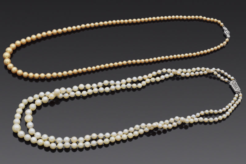 Vintage 14K Gold White Pearl & 10K Gold Golden Imitation Pearl Beaded Necklaces