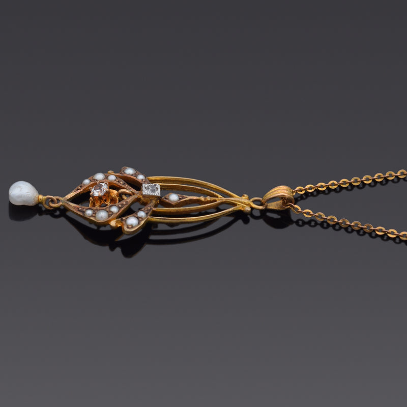 Antique 10K Yellow Gold Pearl, Zircon & Diamond Pendant Necklace + Box