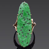 Vintage 14K Yellow Gold Green Jade Carved Floral Ring Size 6