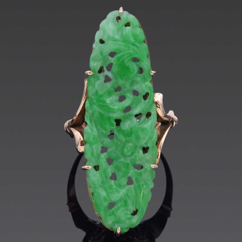 Vintage 14K Yellow Gold Green Jade Carved Floral Ring Size 6